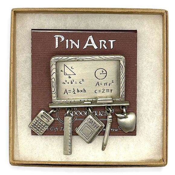 JJ Jewelry - NOS Vintage Teacher JJ Spoontiques Brooch Pin Silver Tone Dangle Charm Math Book
